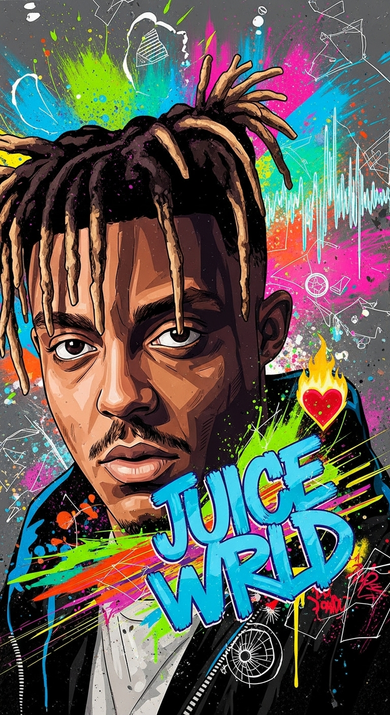 Juice WRLD Neon Graffiti Wallpaper HD: Paint Splatter Portrait for Mobile Backgrounds