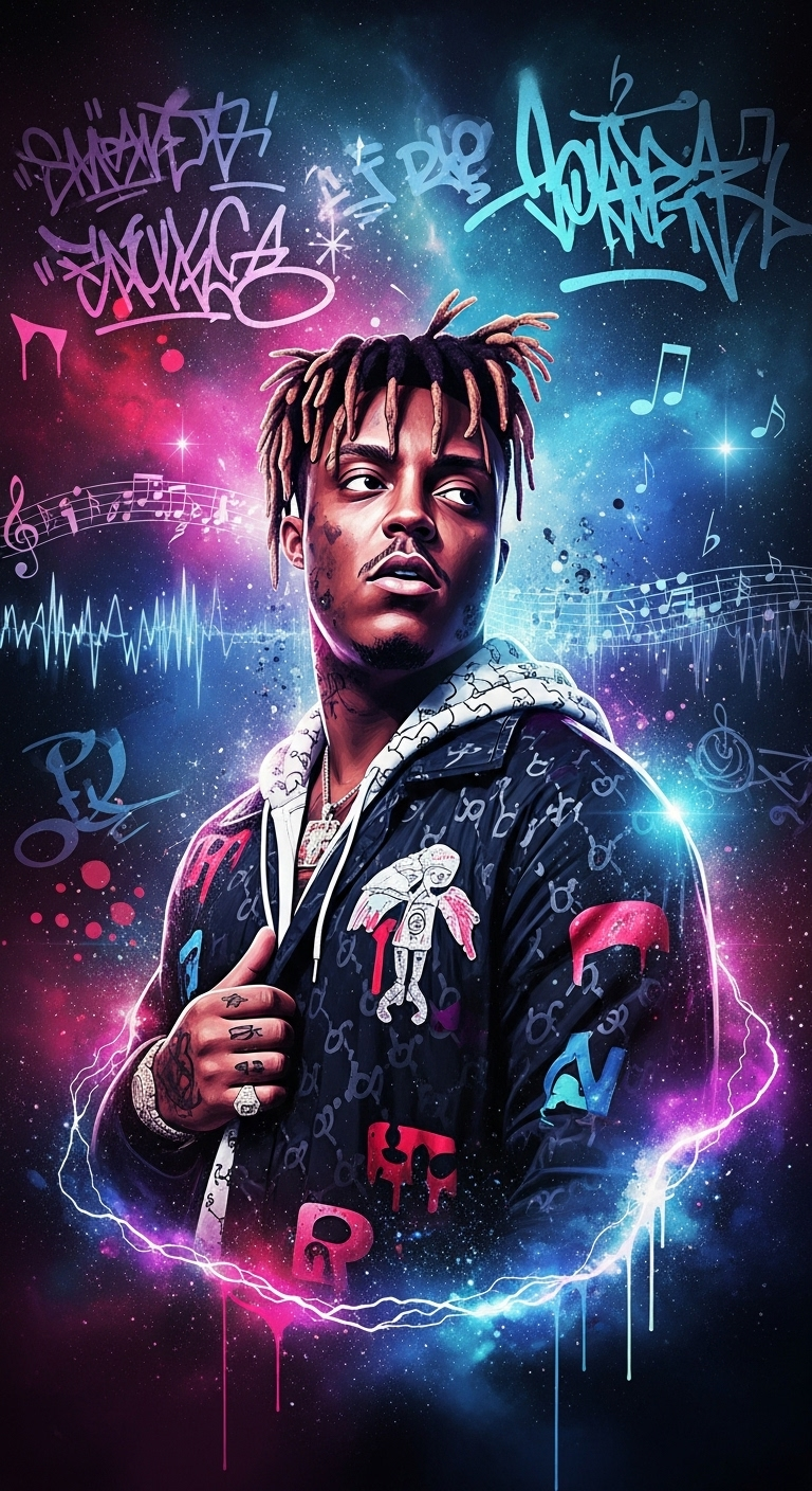 Juice WRLD Cosmic Vibe Wallpaper: Neon Graffiti, Dreadlocks, and Music Notes Art
