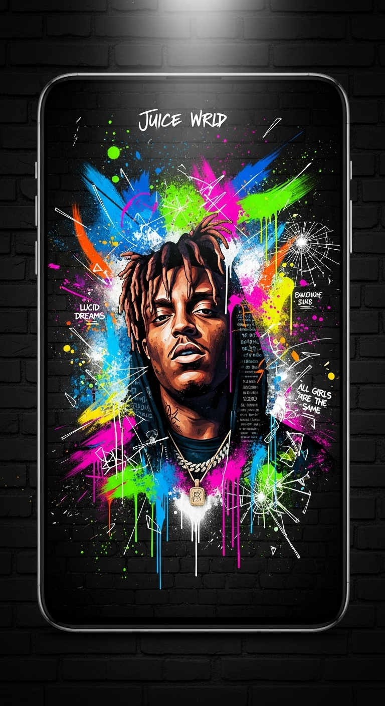 Juice WRLD Abstract Graffiti Wallpaper: Bright Splashes and Song Titles Art