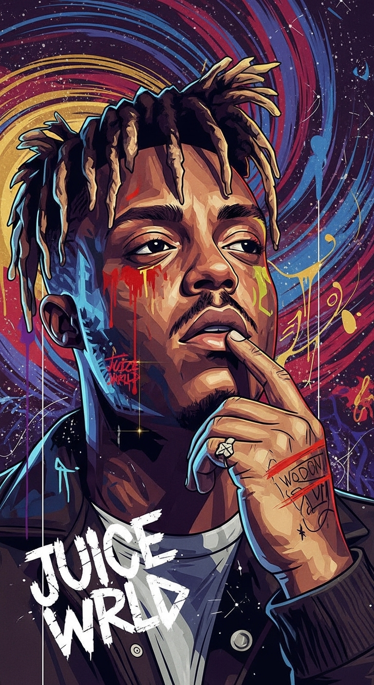Detailed Juice WRLD Digital Art Wallpaper: Comic Style Portrait with Color Drips