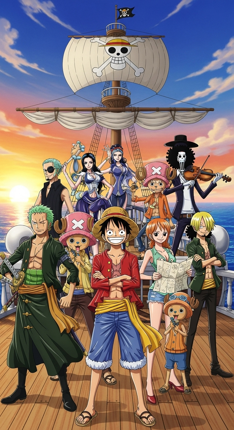 High-Quality One Piece Wallpaper: Straw Hat Pirates on Thousand Sunny at Sunset