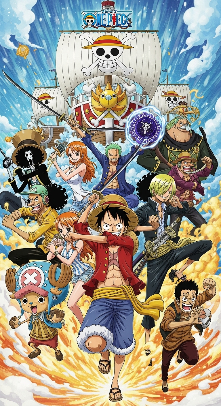Dynamic One Piece Wallpaper: Full Straw Hat Crew Action with Thousand Sunny