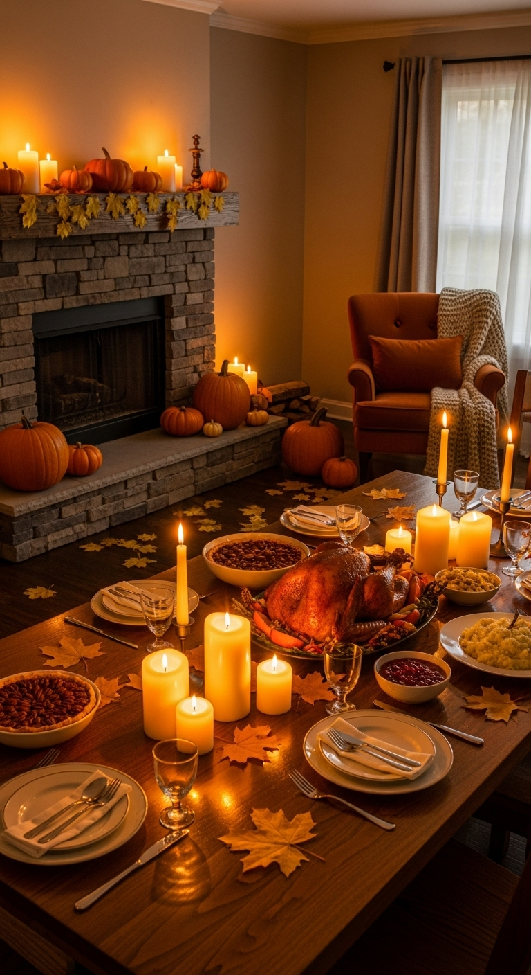 Warm and Cozy Thanksgiving Dinner Setting with Turkey, Candles, and Fireplace Wallpaper