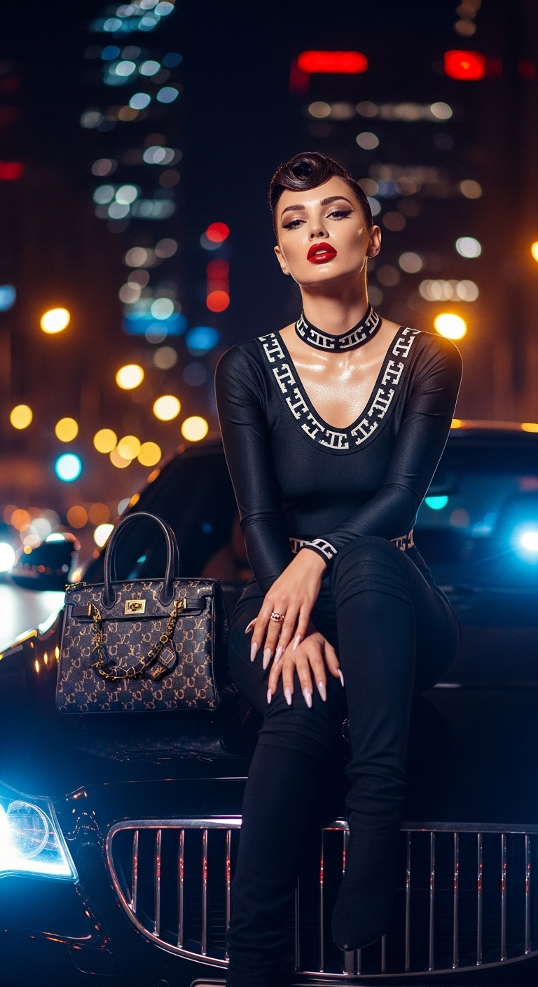 Glamorous Baddie Night Out: Luxury Car and High-Fashion Black Outfit