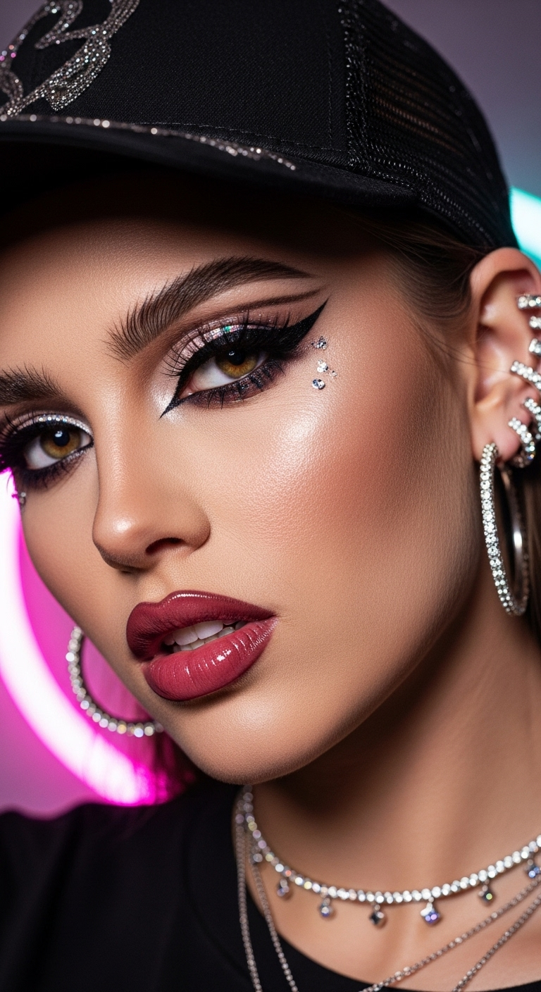 Bold Baddie Makeup Look: Dramatic Eyeliner, Glitter, and Rhinestone Accessories