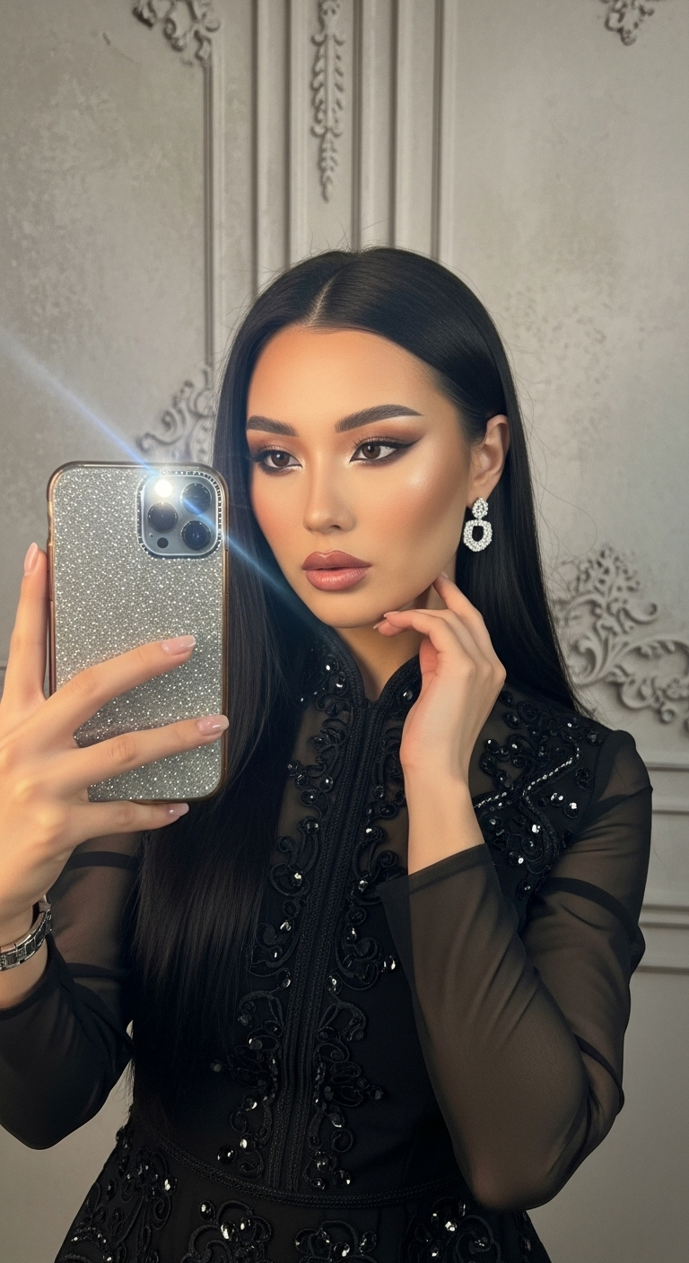 Elegant Baddie Soft Glam Makeup Look and Black Embroidered Outfit Selfie