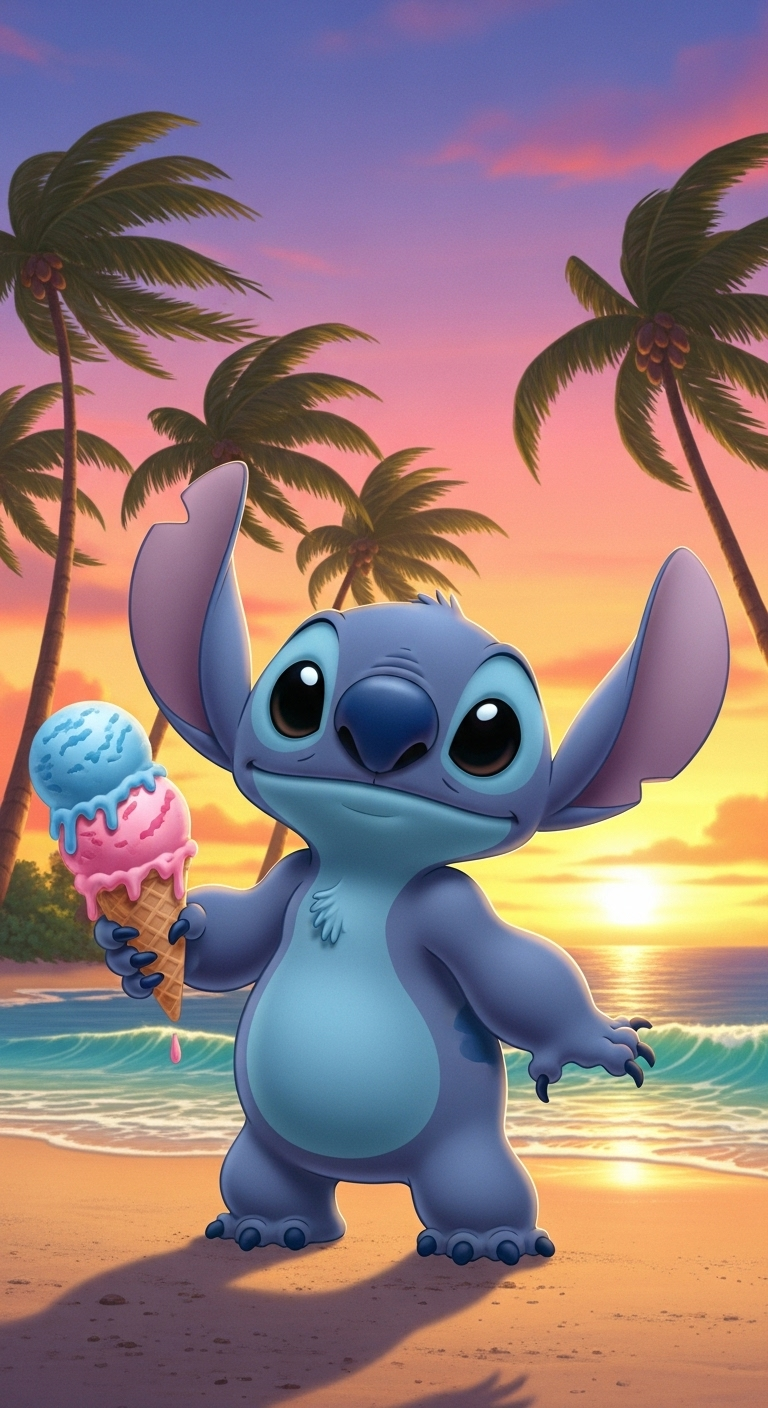 Cute Stitch Eating Ice Cream on Tropical Beach Sunset Wallpaper