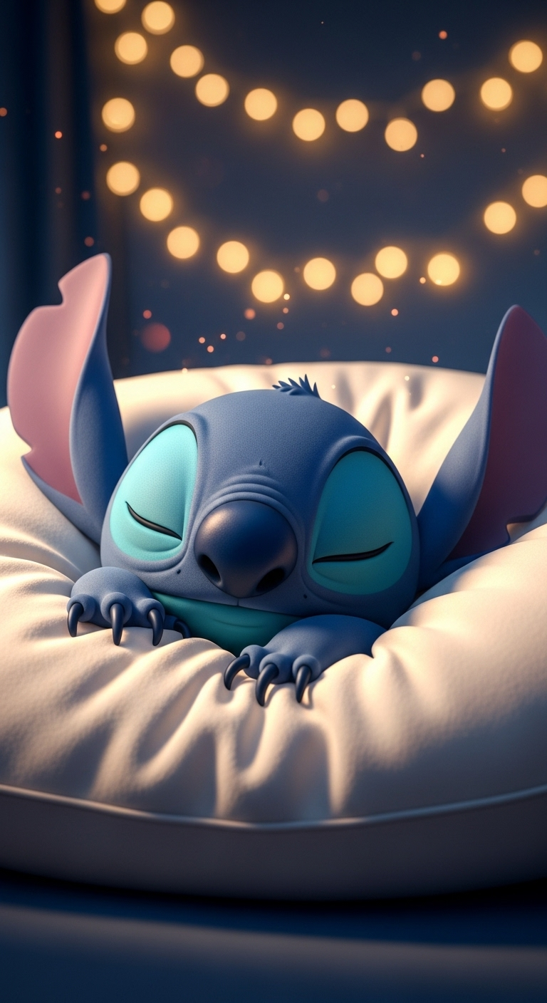 Adorable Stitch Sleeping on a Pillow Under Fairy Lights Wallpaper