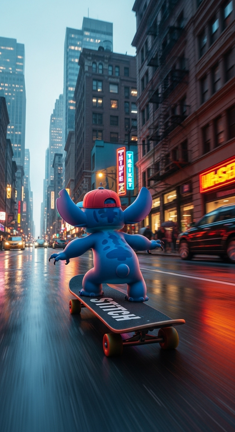 Adorable Stitch Skateboarding on Wet City Street at Night Wallpaper