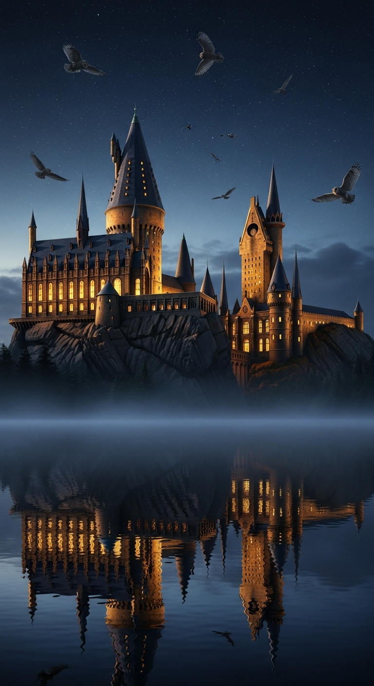 Magical Hogwarts Castle Nighttime Reflection Wallpaper for Harry Potter Fans